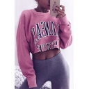 Fashion Letter Print Long Sleeve Round Neck Cropped Pullover Sweatshirt