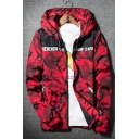 Camouflaged Letter Pattern Long Sleeves Hooded Zip-up Jacket with Pockets