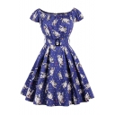 Cute Cats Printed Dotted Boat Neck Cap Sleeves Belted Zippered Fit & Flare Mini Dress