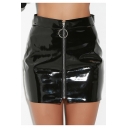 New Stylish Zipper Front Simple Plain Faux Leather Mini Skirt