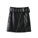 Fashion Plain Grommet Belted Waist Faux Leather Mini Zipper Skirt