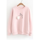 Fashion Rabbit Embroidered Pom Pom Embellished Round Sleeve Pullover Sweatshirt