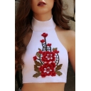 Fashion Embroidery Floral Pattern Turtleneck Cropped Tank