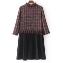 New Stylish Plaid Print Color Block Patchwork Long Sleeve Pleated Dress