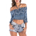 Chic Tribal Floral Print Halter Neck 3/4 Length Sleeve Cropped Blouse