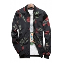 New Trendy Floral Pattern Stand-Up Collar Zip Placket Long Sleeve Baseball Jacket