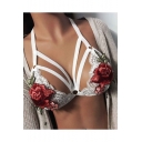 New Stylish Embroidery Floral Pattern Halter Neck Strap Front Bralet