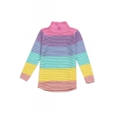 New Stylish Mock Neck Color Block Striped Print Long Sleeve Tunic Sweater
