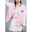 Stand-up Collar Contrast Long Sleeves Stripes Trimmed Logo Printed Button Down Baseball Jacket