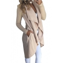 Simple Plain Waterfall Collar Asymmetric Hem Long Sleeve Trench Coat