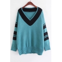 Color Block Striped V-Neck Long Sleeve Pullvoer Sweater