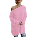 Leisure One-Shoulder Long Sleeves Ribbed Knitted Longline Sweater