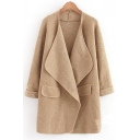 Simple Plain Open Front Long Sleeve Trench Coat