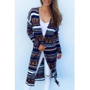 New Stylish Color Block Striped Print Open Front Long Sleeve Tunic Coat