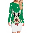 Christmas Reindeer Printed Color Block Dotted Long Sleeve Mini Bodycon Dress