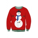 Christmas Snowman Stripes Trimmed Round Neck Long Sleeves Pullover Sweatshirt