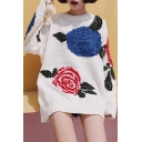 Floral Pattern Round Neck Long Sleeve Longline Pullover Sweater