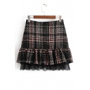 Winter Fashion Tartan Plaids Peplum Hem Zippered Mini Skirt Trimmed with Lace