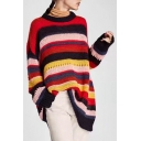 Leisure Color Block Striped Long Sleeve Loose Pullover Sweater