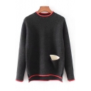 New Stylish Contrast Pocket Long Sleeve High Low Hem Pullover Sweater
