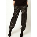 Leisure Elastic Waist & Ankles Relaxed-Fit Loose Leather Pants
