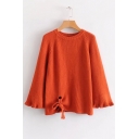 Simple Plain Ruffle Cuff Round Neck Bow Tie Front Pullover Sweater