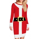 Christmas Santa Belt Printed Color Block Round Neck Long Sleeve Bodycon Dress