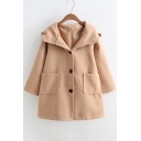 Fashion Single Breasted Contrast Bear's Ear Hood Long Sleeve Coat