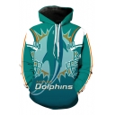 Fashion Dolphin Print Long Sleeve Drawstring Hood Pocket Hoodie