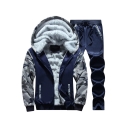 Sportive Hooded Faux Fur Padded Long Sleeves Camouflaged Patchwork Drawstring Waistband Co-ords