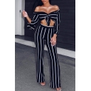 New Stylish Striped Print Off Shoulder Pants Co-ords
