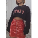 New Stylish Letter Print Round Neck Long Sleeve Cropped Pullover Sweatshirt