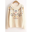 Chic Floral Embroidered Round Neck Long Sleeve Pullover Sweater