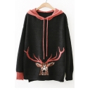 Chic Deer Print Color Block Drawstring Hood Long Sleeve High Low Hem Sweater