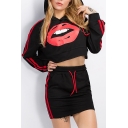 Chic Lips Printed Striped Long Sleeves Hooded Cropped Top with Drawstring Waistband Mini Bodycon Skirt