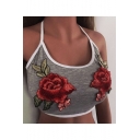 Fashion Embroidery Floral Pattern Halter Neck Cropped Tee