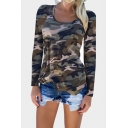 New Fashoin Camouflage Pattern Scoop Neck Long Sleeve Tee