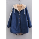 Letter Print Striped Hooded Long Sleeve Buttons Down Denim Coat