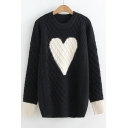 Color Block Heart Pattern Long Sleeve Pullover Sweater
