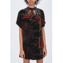 Fashionable Floral Round Neck Batwing Sleeve Mini Dress