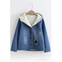 Fashion Embroidery Cat Pattern Long Sleeve Single Button Denim Hooded Jacket