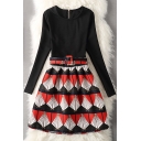 Chic Graphic Pattern Round Neck Long Sleeve A-Line Mini Dress