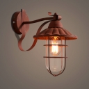 Industrial Wall Sconce with Metal Cage and Glass Shade in Nautical Style, Rust