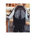 Color Block Wings Embroidered Long Sleeve Baseball Jacket
