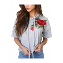 Casual Rose Floral Embroidery Short Sleeves Pullover Loose Hoodie