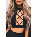 Sexy Halter Neck Crossed Straps Cutout Front Open Back Cropped Cami