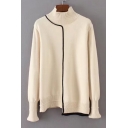 Simple High Collared Long Sleeve Color Block Sweater