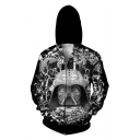Cool Long Sleeves Skull Space Printed Zippered Hoodie with Pockets