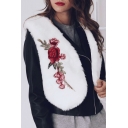 New Stylish Embroidery Floral Pattern Open Front Faux Fur Vest Coat