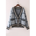 Color Block Plaid Pattern Long Sleeve Buttons Down Cardigan